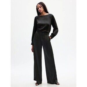 New Gap Black High‎ Rise Satin Pleated Wide Leg Pants Size 4 NWT Relaxed Shiny